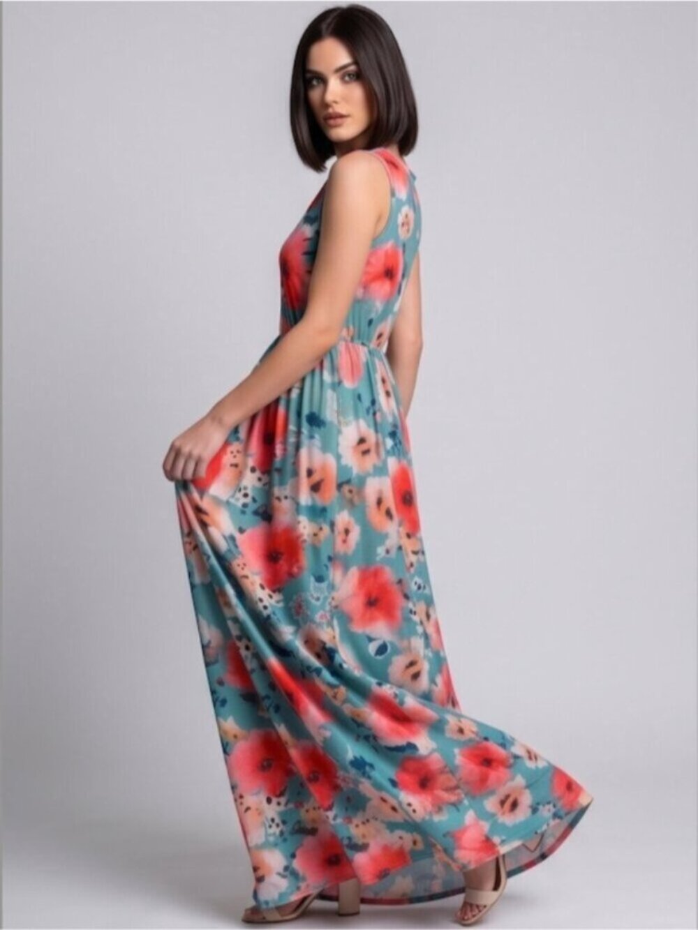 Blue Boho Floral Print Hidden Pocket Dress - Picture 4 of 9